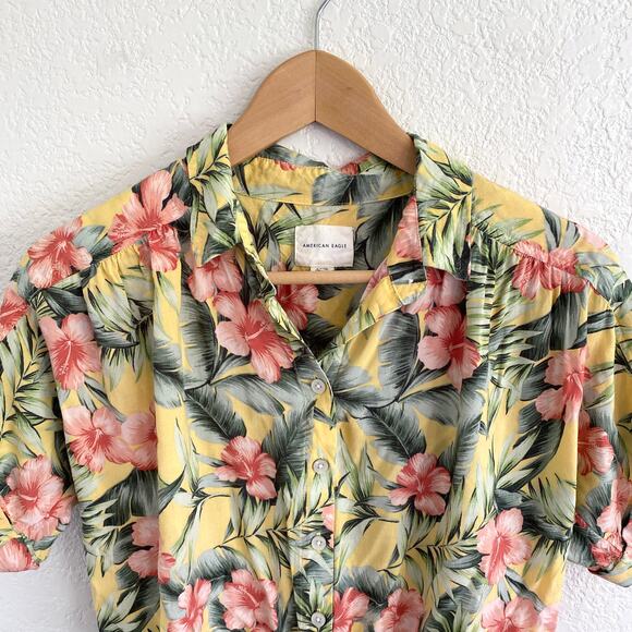 American Eagle Hawaiian Yellow Floral Print Tie-Front Short Sleeve Top‎ - Picture 2 of 8